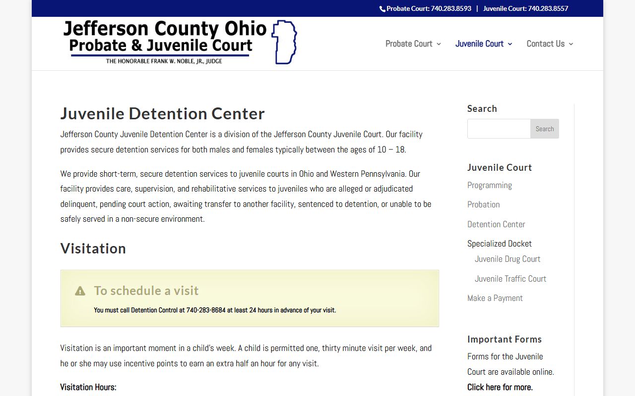 Jefferson County Juvenile Detention Center official page with visitation, phone, mail, and program information